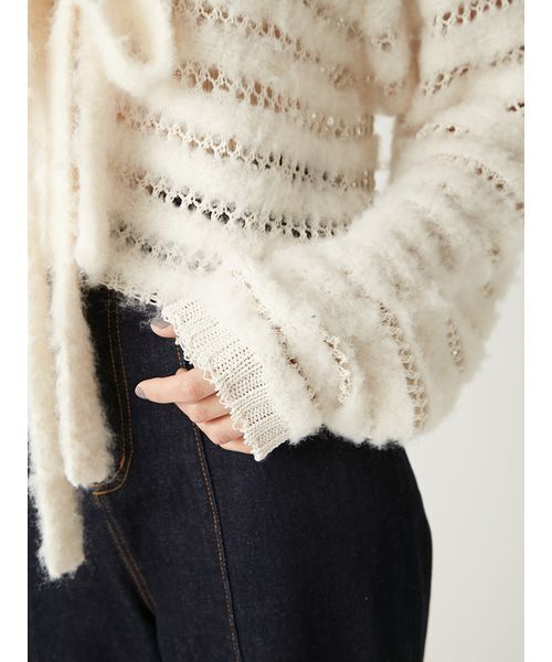 FRAY I.D（フレイアイディー）の「ネット編みシャギーボーダーカーデ（カーディガン/ボレロ・レディース・オフホワイト/グレー/ターコイズブルー・F）」の9枚目の写真