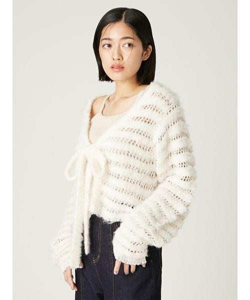 FRAY I.D（フレイアイディー）の「ネット編みシャギーボーダーカーデ（カーディガン/ボレロ・レディース・オフホワイト/グレー/ターコイズブルー・F）」の11枚目の写真