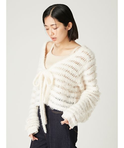 FRAY I.D（フレイアイディー）の「ネット編みシャギーボーダーカーデ（カーディガン/ボレロ・レディース・オフホワイト/グレー/ターコイズブルー・F）」の12枚目の写真
