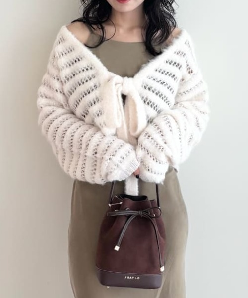 FRAY I.D（フレイアイディー）の「ネット編みシャギーボーダーカーデ（カーディガン/ボレロ・レディース・オフホワイト/グレー/ターコイズブルー・F）」の2枚目の写真
