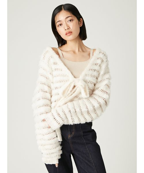 FRAY I.D（フレイアイディー）の「ネット編みシャギーボーダーカーデ（カーディガン/ボレロ・レディース・オフホワイト/グレー/ターコイズブルー・F）」の18枚目の写真