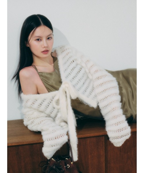 FRAY I.D（フレイアイディー）の「ネット編みシャギーボーダーカーデ（カーディガン/ボレロ・レディース・オフホワイト/グレー/ターコイズブルー・F）」の20枚目の写真