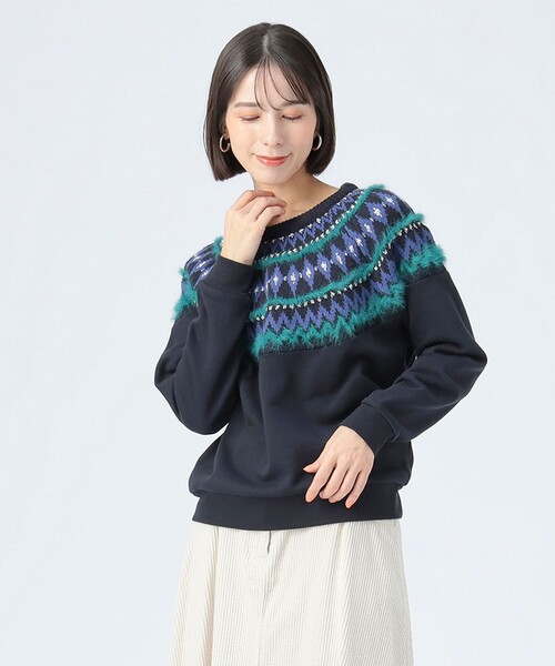 BEAMS HEART(ビームスハート)の「ジャカードニット コンビ スウェット(スウェット・レディース・ライトグレー/ネイビー/ホワイト系その他5・FREE)」の3枚目の写真