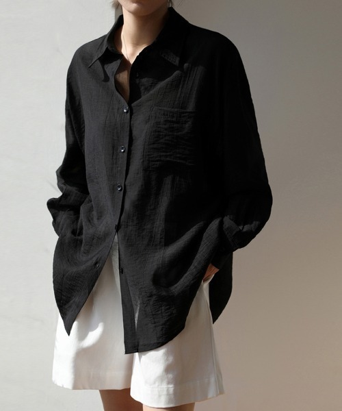 ONEP STAR(ワンピスター)の「くしゅ感シアーシャツトップス(シャツ/ブラウス・レディース・ホワイト/ブラック・MEDIUM/X-LARGE/LARGE)」の2枚目の写真