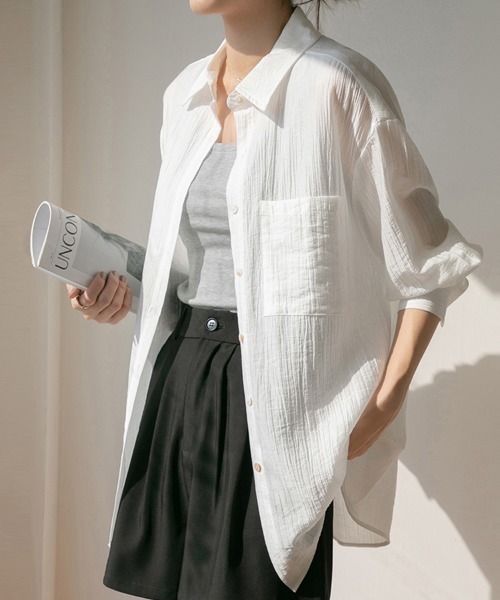 ONEP STAR(ワンピスター)の「くしゅ感シアーシャツトップス(シャツ/ブラウス・レディース・ホワイト/ブラック・MEDIUM/X-LARGE/LARGE)」の12枚目の写真