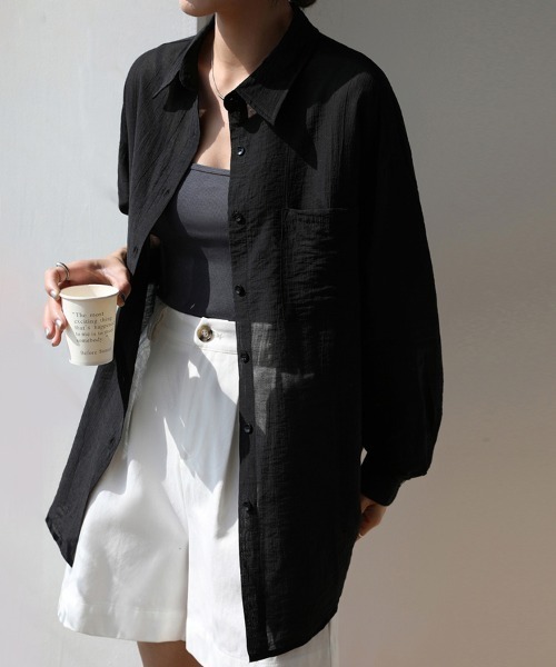 ONEP STAR(ワンピスター)の「くしゅ感シアーシャツトップス(シャツ/ブラウス・レディース・ホワイト/ブラック・MEDIUM/X-LARGE/LARGE)」の4枚目の写真