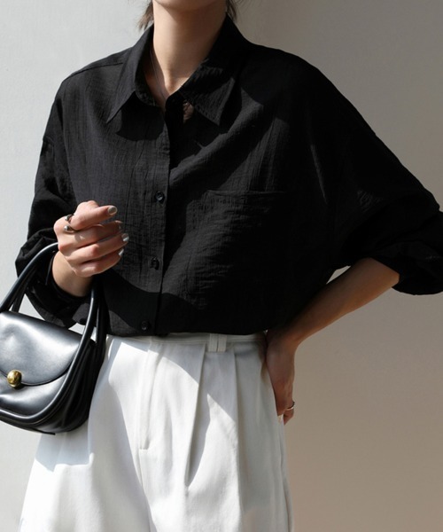 ONEP STAR(ワンピスター)の「くしゅ感シアーシャツトップス(シャツ/ブラウス・レディース・ホワイト/ブラック・MEDIUM/X-LARGE/LARGE)」の5枚目の写真
