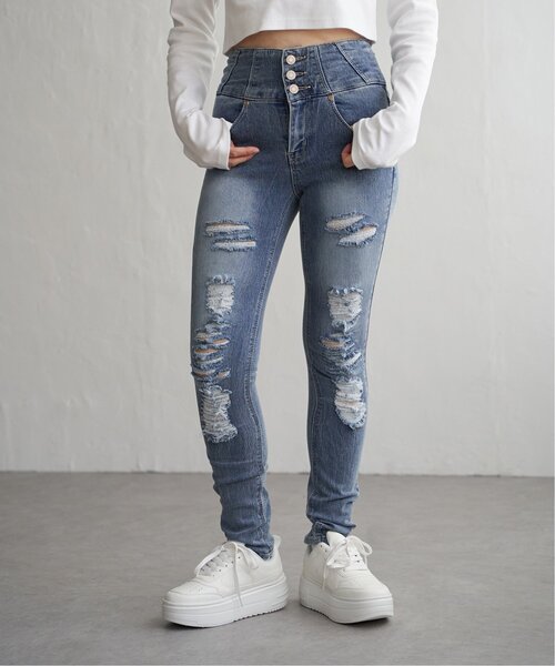 VENCEEXCHANGE(ヴァンスエクスチェンジ)の「ハイウエストダメージスキニーデニム(デニムパンツ・レディース・ダークブルー/ブラック/ブルー・SS/S/M/L)」の14枚目の写真