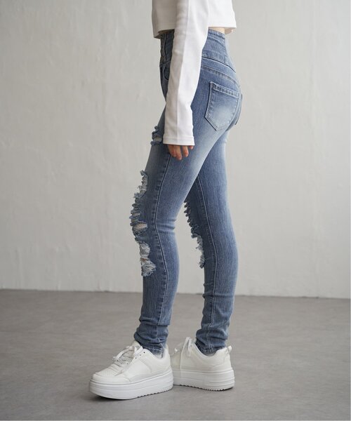 VENCEEXCHANGE(ヴァンスエクスチェンジ)の「ハイウエストダメージスキニーデニム(デニムパンツ・レディース・ダークブルー/ブラック/ブルー・SS/S/M/L)」の17枚目の写真