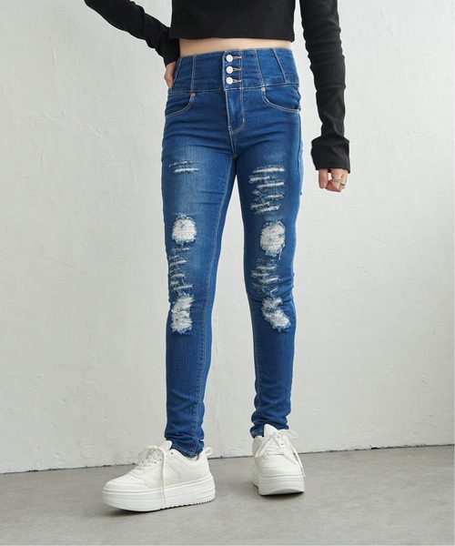 VENCEEXCHANGE(ヴァンスエクスチェンジ)の「ハイウエストダメージスキニーデニム(デニムパンツ・レディース・ダークブルー/ブラック/ブルー・SS/S/M/L)」の3枚目の写真