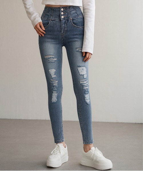 VENCEEXCHANGE(ヴァンスエクスチェンジ)の「ハイウエストダメージスキニーデニム(デニムパンツ・レディース・ダークブルー/ブラック/ブルー・SS/S/M/L)」の2枚目の写真
