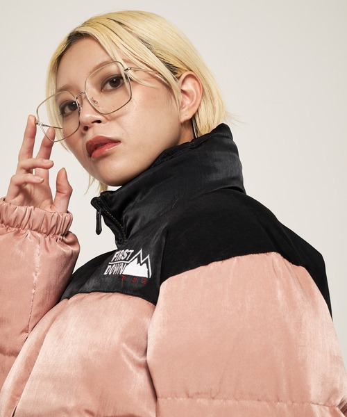 FIRST DOWN フード付きダウンジャケット S ピンク FIRST DOWN ダウンジャケット くすみピンク フェザー フード ダブル