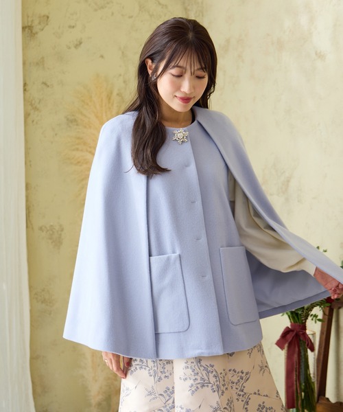 セール】【ブローチ付き】ケープショートコート（ノーカラーコート