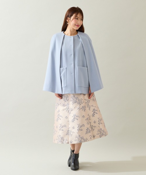 ★ローズティアラ★ショートコート★ブルー★46 ブローチ付き】ケープショートコート（ノーカラーコート）｜Rose Tiara