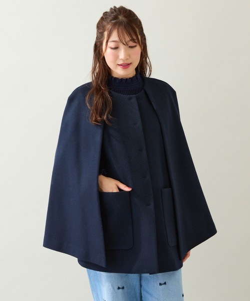 ブローチ付き】ケープショートコート（ノーカラーコート）｜Rose Tiara