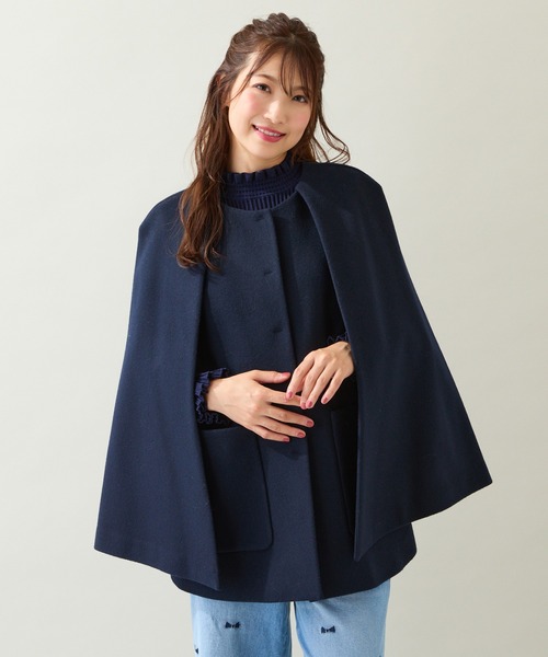 セール】【ブローチ付き】ケープショートコート（ノーカラーコート