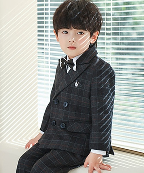 キッズスーツ/セットアップ】長袖チェックダブルボタンジャケット+長袖