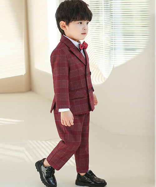 キッズスーツ/セットアップ】長袖チェックダブルボタンジャケット+長袖