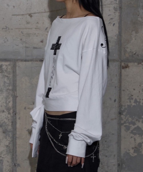FANCY CLUB(ファンシークラブ)の「【FANCY CLUB】BOATNECK RIBBON TIE SWEATSHIRT / 【ファンシークラブ】ボートネックリボンタイスウェット長袖Tシャツ(スウェット・レディース・ブラック/ホワイト・ONE SIZE)」の8枚目の写真