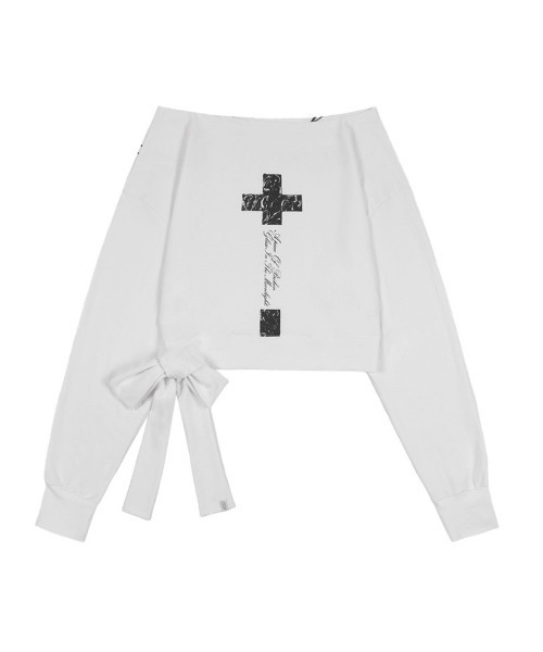 FANCY CLUB(ファンシークラブ)の「【FANCY CLUB】BOATNECK RIBBON TIE SWEATSHIRT / 【ファンシークラブ】ボートネックリボンタイスウェット長袖Tシャツ(スウェット・レディース・ブラック/ホワイト・ONE SIZE)」の3枚目の写真