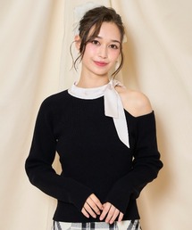 リボン付きブラックニット長袖 ニット/セーター（ブラック/黒色系・リボン）ファッション通販