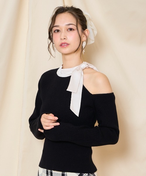 WILLSELECTION（ウィルセレクション）の「ワンショルリボンタイリブニット（ニット/セーター・レディース・オフホワイト/ブルー/モカ/ブラック・FREE）」の15枚目の写真