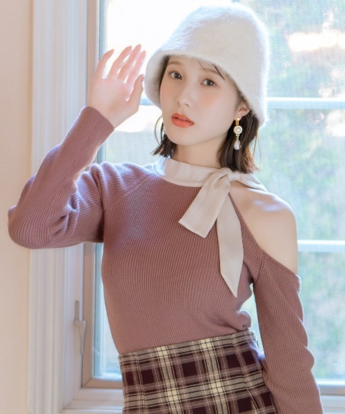 WILLSELECTION（ウィルセレクション）の「ワンショルリボンタイリブニット（ニット/セーター・レディース・オフホワイト/ブルー/モカ/ブラック・FREE）」の12枚目の写真