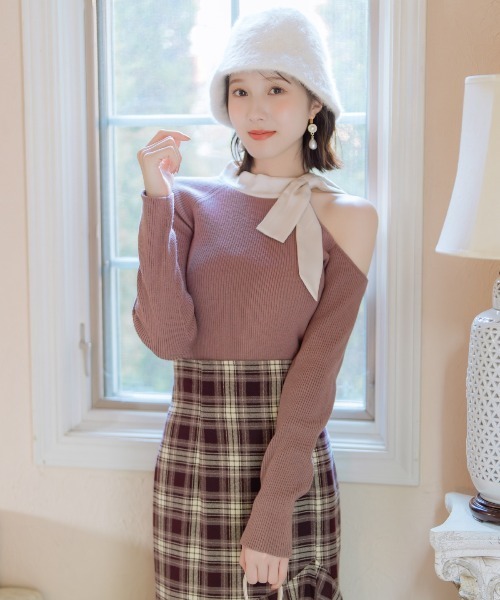 WILLSELECTION（ウィルセレクション）の「ワンショルリボンタイリブニット（ニット/セーター・レディース・オフホワイト/ブルー/モカ/ブラック・FREE）」の11枚目の写真