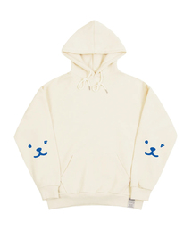 [ユニセックス]エルボウパピーフェイススマイルフードパーカー_クリーム/ブルーロゴ