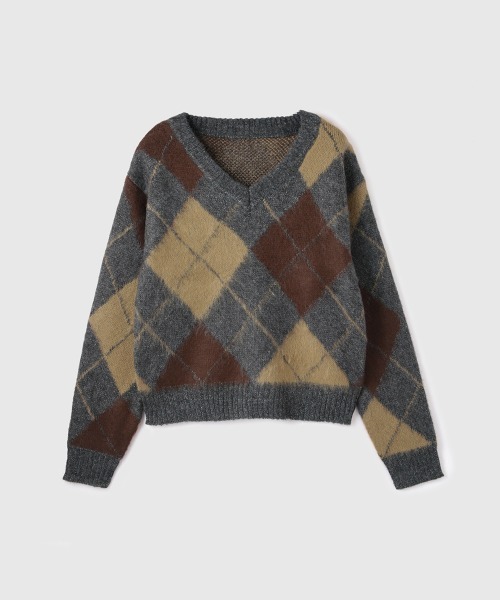 VICKY（ビッキー）の「アクリルモヘヤアーガイルVネックニット≪手洗い可能≫（ニット/セーター・レディース・ブラウン系その他/グレー系その他・M）」の10枚目の写真