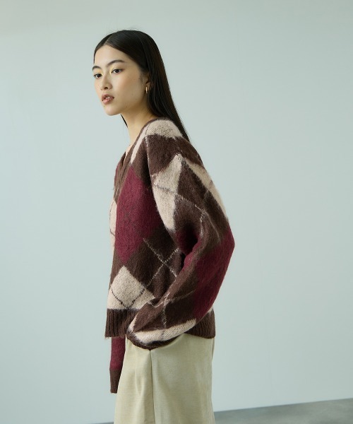 VICKY（ビッキー）の「アクリルモヘヤアーガイルVネックニット≪手洗い可能≫（ニット/セーター・レディース・ブラウン系その他/グレー系その他・M）」の6枚目の写真