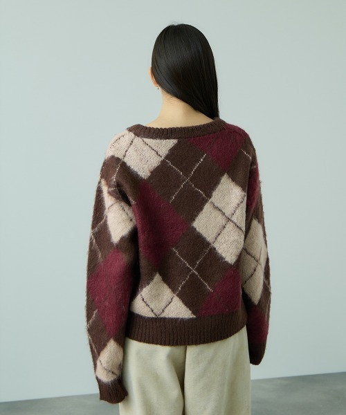 VICKY（ビッキー）の「アクリルモヘヤアーガイルVネックニット≪手洗い可能≫（ニット/セーター・レディース・ブラウン系その他/グレー系その他・M）」の7枚目の写真