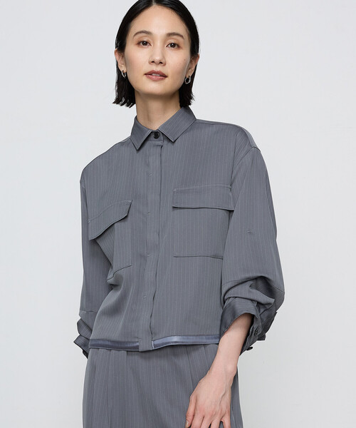 COMME CA(コムサ)の「〔 Sサイズ 〕 【ブライトリーセットアップ】サテンストライプ・無地 シャツジャケット(ブルゾン・レディース・ブラック系その他/グレー系その他・5号)」の1枚目の写真