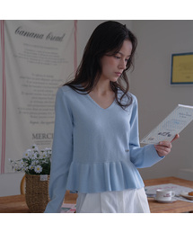 V-neck Flare Shirring Knit [Sky Blue]