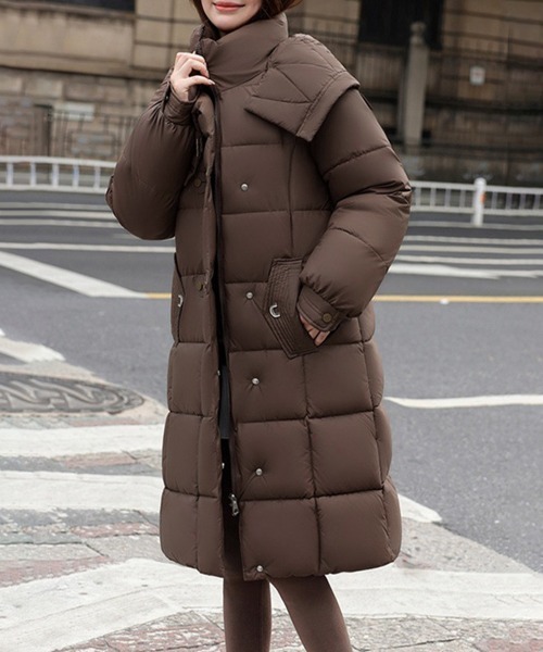Miniministore（ミニミニストア）の「フード付き フェイクダウンコードロング丈（ダウンジャケット/コート・レディース・ブラック/ブラウン/ダークグレー/アイボリー・FREE）」の18枚目の写真