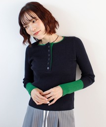 《26SS 新作》ヘンリーネック配色リブニットトップス