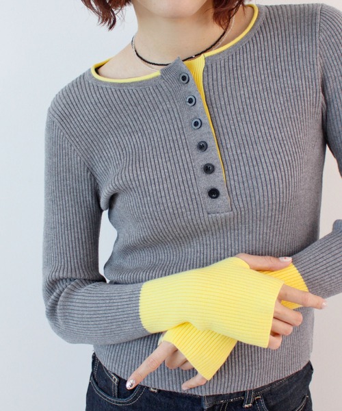 ABYS(アビス)の「《26SS 新作》ヘンリーネック配色リブニットトップス(ニット/セーター・レディース・ネイビー/アイボリー/グレー・FREE)」の7枚目の写真