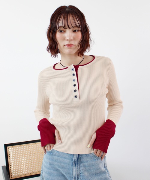 ABYS(アビス)の「《26SS 新作》ヘンリーネック配色リブニットトップス(ニット/セーター・レディース・ネイビー/アイボリー/グレー・FREE)」の11枚目の写真