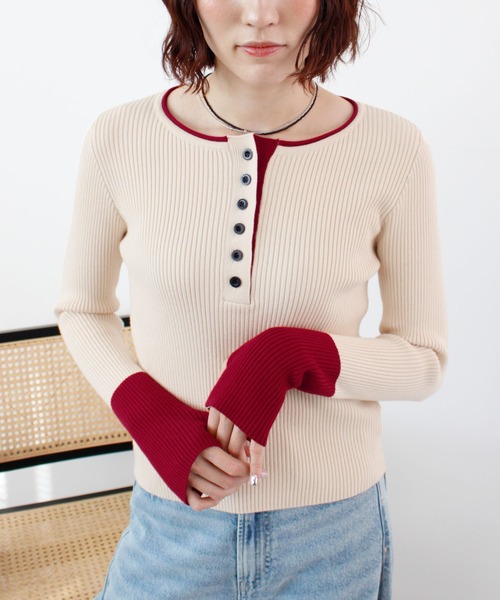 ABYS(アビス)の「《26SS 新作》ヘンリーネック配色リブニットトップス(ニット/セーター・レディース・ネイビー/アイボリー/グレー・FREE)」の12枚目の写真