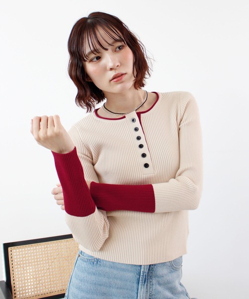 ABYS(アビス)の「《26SS 新作》ヘンリーネック配色リブニットトップス(ニット/セーター・レディース・ネイビー/アイボリー/グレー・FREE)」の13枚目の写真