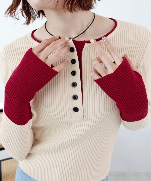 ABYS(アビス)の「《26SS 新作》ヘンリーネック配色リブニットトップス(ニット/セーター・レディース・ネイビー/アイボリー/グレー・FREE)」の14枚目の写真