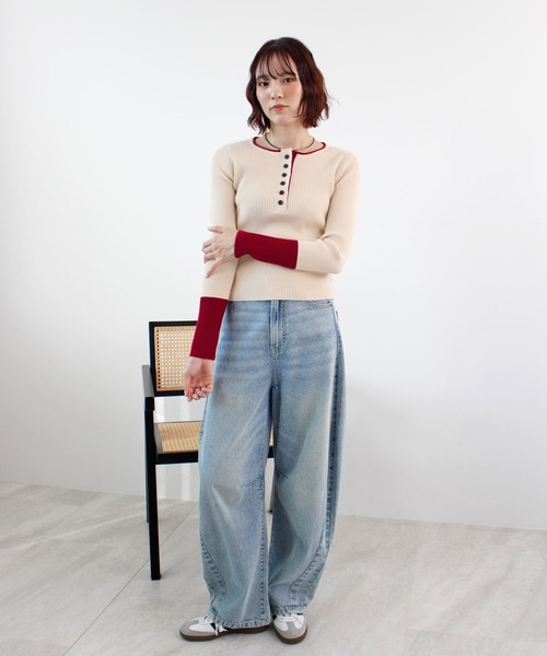 ABYS(アビス)の「《26SS 新作》ヘンリーネック配色リブニットトップス(ニット/セーター・レディース・ネイビー/アイボリー/グレー・FREE)」の15枚目の写真
