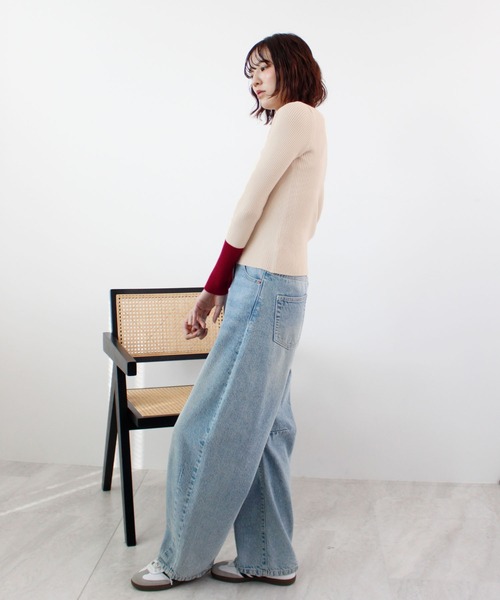 ABYS(アビス)の「《26SS 新作》ヘンリーネック配色リブニットトップス(ニット/セーター・レディース・ネイビー/アイボリー/グレー・FREE)」の16枚目の写真