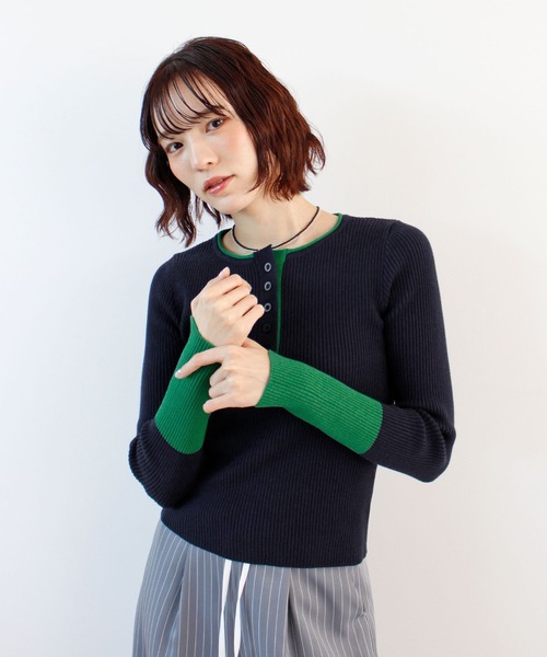 ABYS(アビス)の「《26SS 新作》ヘンリーネック配色リブニットトップス(ニット/セーター・レディース・ネイビー/アイボリー/グレー・FREE)」の19枚目の写真