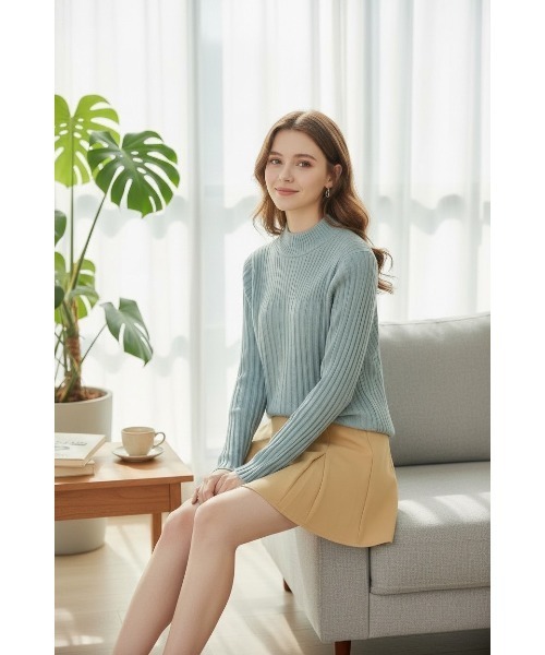 SWINGLE(スウィングル)の「ランダムリブハイネックニットプルオーバー(Tシャツ/カットソー・レディース・ブルー/ブラック・FREE)」の2枚目の写真