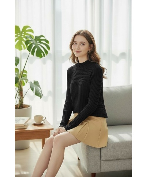 SWINGLE(スウィングル)の「ランダムリブハイネックニットプルオーバー(Tシャツ/カットソー・レディース・ブルー/ブラック・FREE)」の1枚目の写真