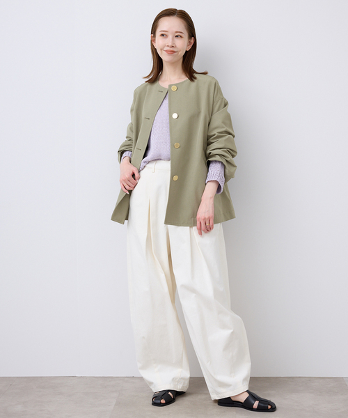 Traditional Weatherwear（トラディショナルウェザーウェア）の「TRADITIONAL WEATHERWEAR SLOBE別注 LINTON N/C SHORT（ノーカラーコート・レディース・カーキ・34/32）」の6枚目の写真