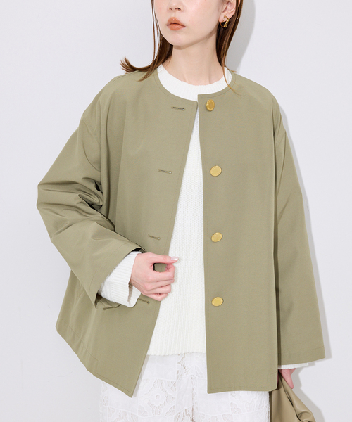 Traditional Weatherwear（トラディショナルウェザーウェア）の「TRADITIONAL WEATHERWEAR SLOBE別注 LINTON N/C SHORT（ノーカラーコート・レディース・カーキ・34/32）」の10枚目の写真