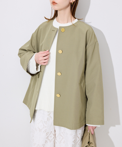 Traditional Weatherwear（トラディショナルウェザーウェア）の「TRADITIONAL WEATHERWEAR SLOBE別注 LINTON N/C SHORT（ノーカラーコート・レディース・カーキ・34/32）」の12枚目の写真