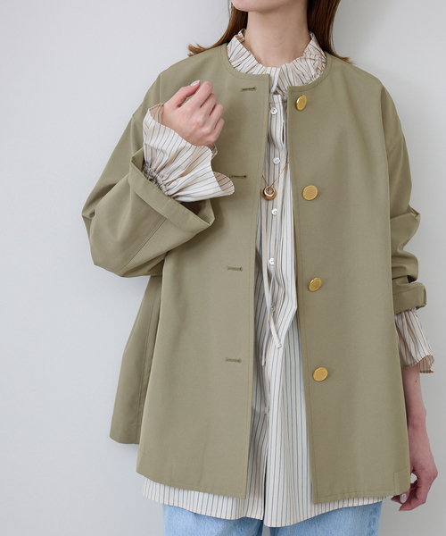 Traditional Weatherwear（トラディショナルウェザーウェア）の「TRADITIONAL WEATHERWEAR SLOBE別注 LINTON N/C SHORT（ノーカラーコート・レディース・カーキ・34/32）」の18枚目の写真